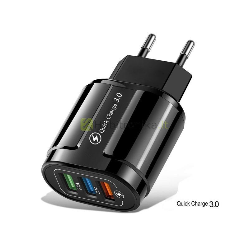 220V į tris 5V 2.1A Quick charge 3.0 USB adapteris
